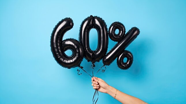 Sixty percent off sale promotion with black foil balloons held by a hand on a bright blue background