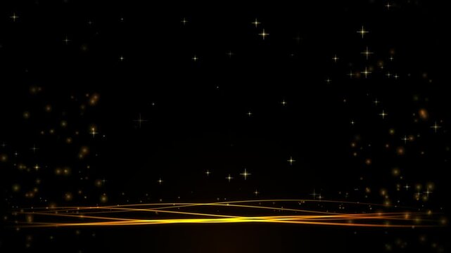 Abstract gold light waves and sparkling stars on black background