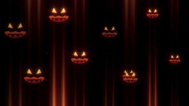 Spooky orange dark jack lantern pumpkin face Halloween greeting animation loop on black background, featuring an eerie glowing expression for festive intros, horror videos, and seasonal design