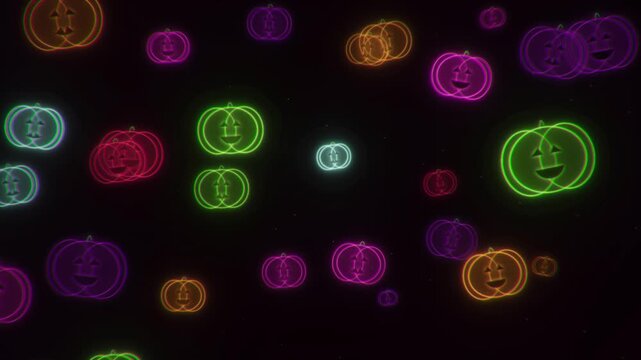Jack o lantern glowing neon outline face floating on black background, representing colorful Halloween holiday celebration, spooky party event, and cute festive vector animation.