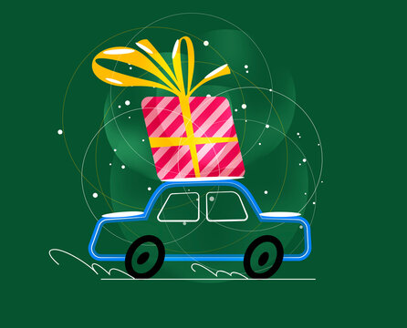 car carrying Christmas gift box in winter