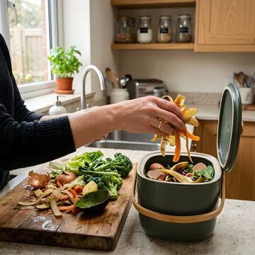 Person placing vegetable scraps into a kitchen compost bin on a countertop