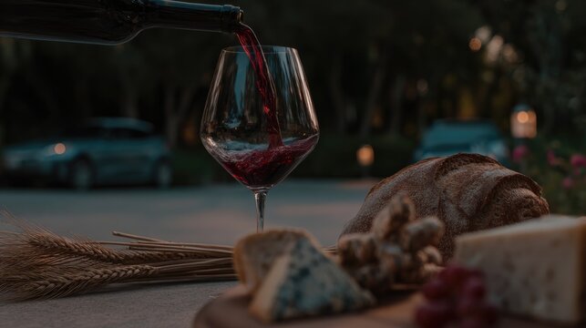 Red Wine Pouring into Glass on Fine Dining Table with Candlelight at Dusk