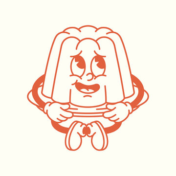 Retro vintage mascot illustration of a cute wobbly jelly dessert character.