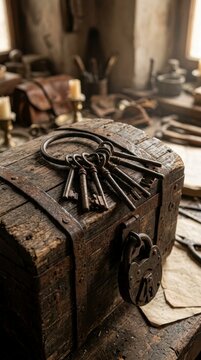 Old keys on a rustic wooden chest with padlock