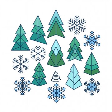 Geometric Minimalist Winter Emblem Set with Pine Trees and Snowflakes