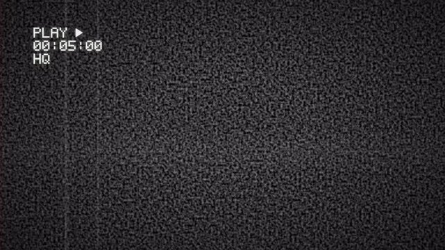 Retro analog vhs glitch effect with white noise static and play timer on a dead channel.