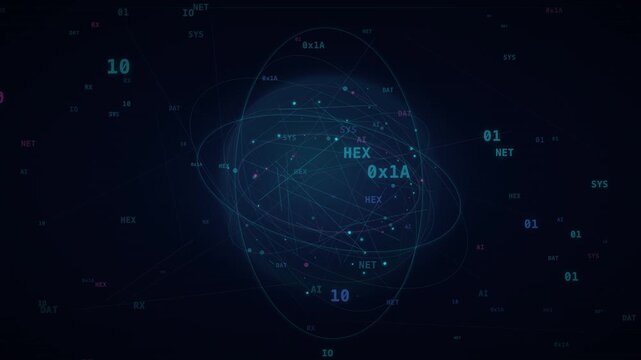 Abstract digital data orbital sphere with binary code and hexadecimal networking elements on dark background.