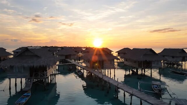 Bungalows Over Water Gently Rotating with a Sunset and Sun Reflection in the Ocean. Tropical Paradise Looping Footage.