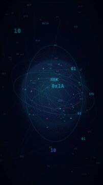 Futuristic abstract data orbital sphere animation showing digital network connectivity and binary code processing.