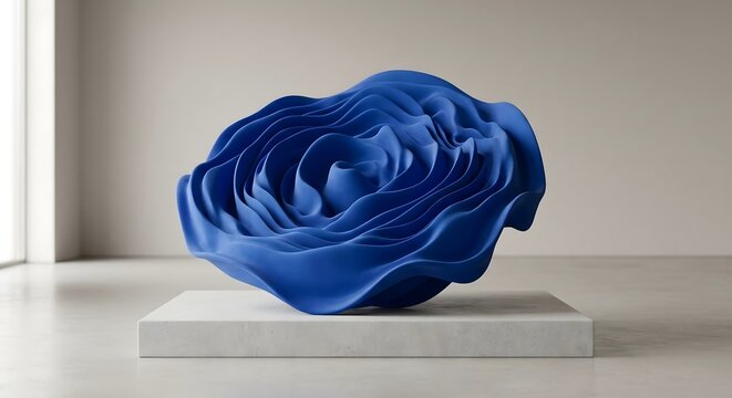 Abstract still life of a massive solidified cymatic sound wave ripple in matte cobalt blue