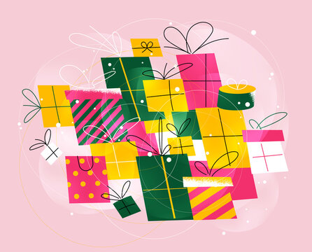 pile of colorful gift boxes with ribbons and bows