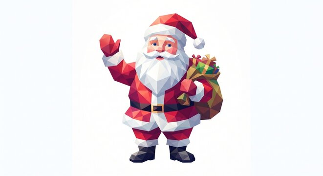Low poly vector illustration of Santa Claus waving and holding a sack of gifts on a white background.