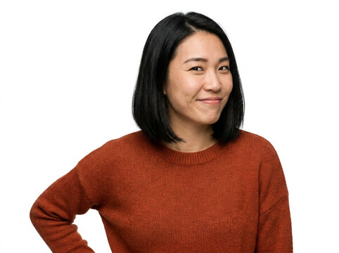 East Asian woman with short black hair smiles subtly with a knowing expression against a white studio background.