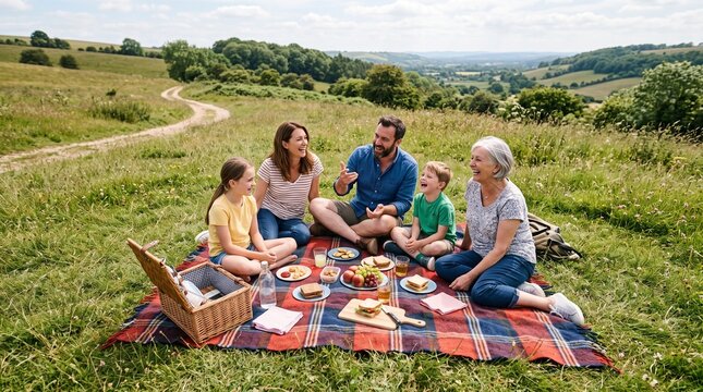 Multi generational family enjoying a sunny picnic on a grassy hill with scenic countryside views PNG Isolated on transparent background