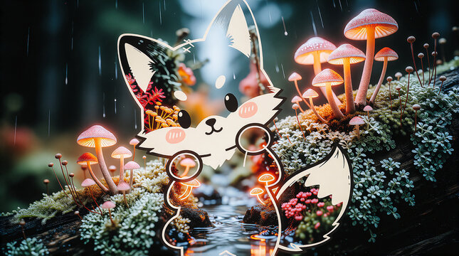 Cute Chibi Fox Double Exposure in Autumn Woods