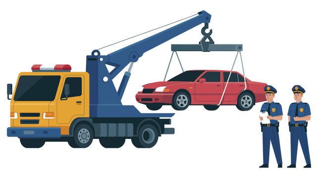 Flat, detailed vector illustration showing a yellow tow truck lifting a damaged red car while police officers document the roadside accident.