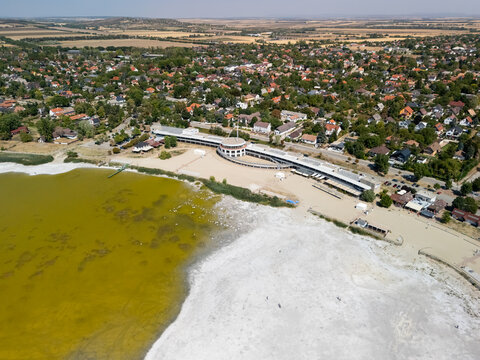 Aerial view of Lake Velence drought, dried shore near homes in Hungary