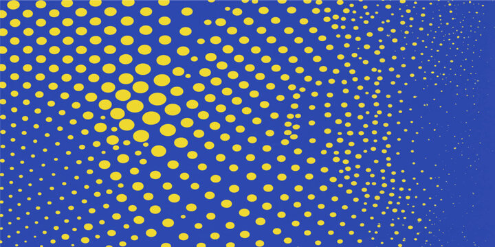Abstract halftone yellow dots pattern with smooth fade gradient effect on blue background vector