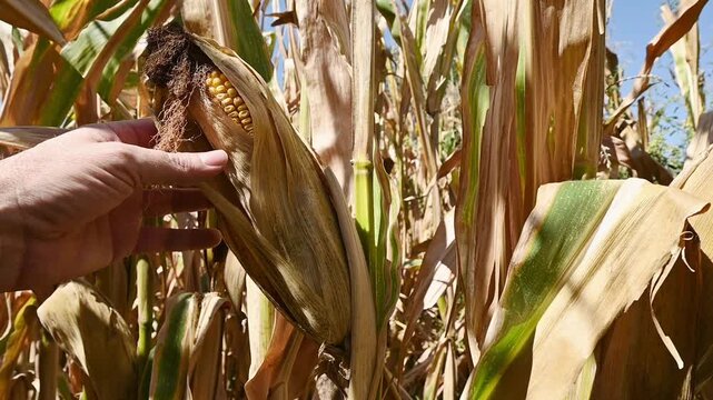 farmer peeling husk to inspect ripe corn cob in field