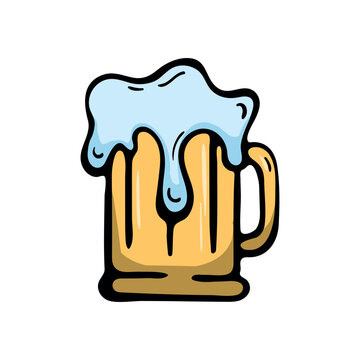 Beer mug with foam icon. Hand drawn doodle clipart for Oktoberfest, Bavarian celebration, pub menu, brewery and traditional festival. Vector illustration isolated on white background.