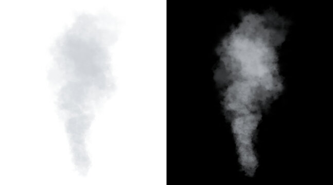 Realistic white smoke plume on black and white backgrounds, ethereal steam cloud effect, atmospheric vapor trail for visual effects and overlays