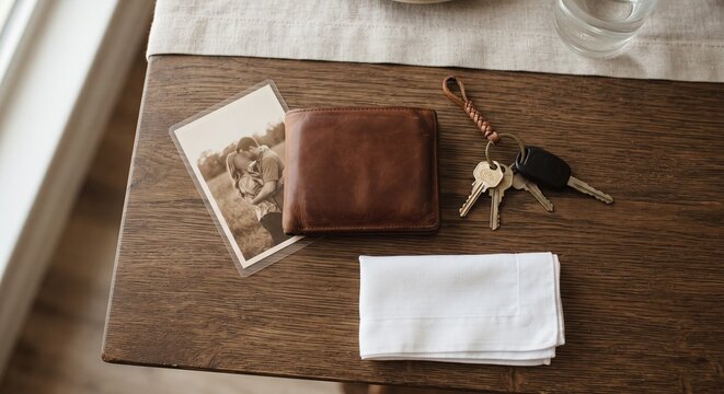 Men's accessories including a leather wallet, keys on a ring, and a photograph on wooden table.
