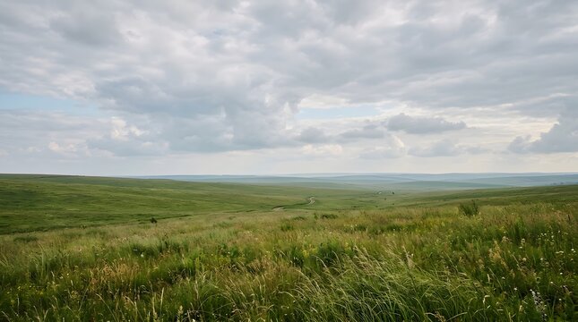 A serene landscape featuring a natural grace background with rolling green hills under a soft cloudy sky at dusk