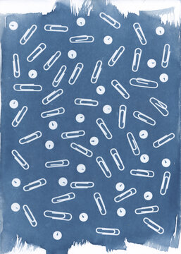 Scattered Paper Clips and Push Pins Cyanotype