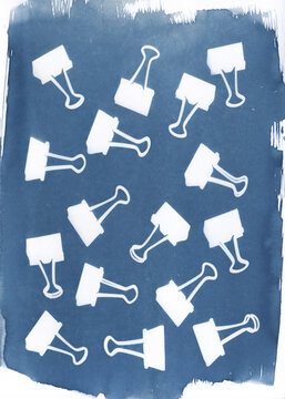Scattered Binder Clips Cyanotype