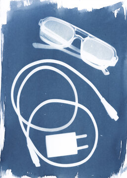 Everyday Objects Cyanotype: Eyeglasses and Charging Cable