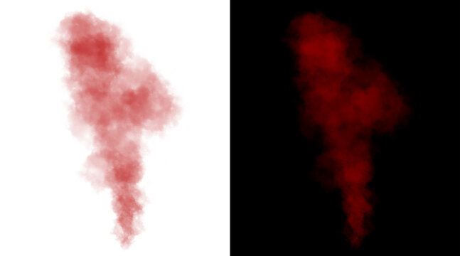 Red smoke explosion effect on white and black backgrounds, realistic crimson mist cloud, atmospheric blood red vapor trail for design