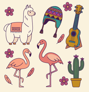 South America Travel Vector Set - Cute Alpaca, Flamingo, Chullo Hat, Guitar, Cactus Elements