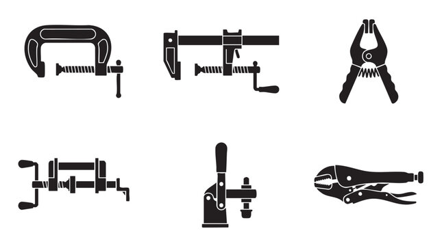 Industrial clamp tools icon set featuring c clamp bar clamp spring clamp and locking pliers vector collection