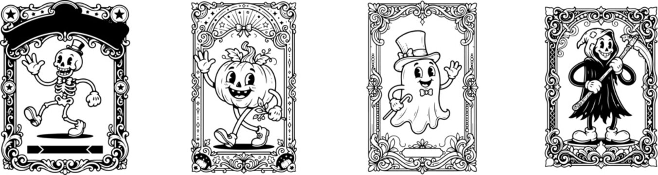 Halloween vintage cartoon character poster set. Retro groovy ornate frames with funky skeleton, pumpkin, ghost, and grim reaper characters. Autumn holiday vector illustration bundle. Black and white l