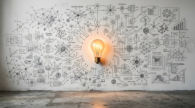 Glowing light bulb with complex business strategy sketches drawn on a white wall.