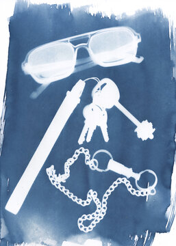 Everyday Carry Cyanotype: Sunglasses, Keys, and Chain