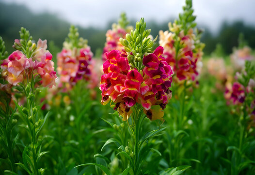 Botany and horticulture, vibrant snapdragon flowers blooming in a summer garden with lush green foliage and soft natural sunlight in the countryside
