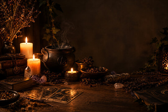 Mesa de bruja con tarot, cristales, velas, hierbas y calder.
