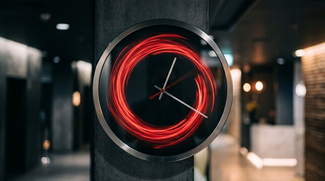 Modern wall clock with swirling red light effect on black face and metal frame PNG Isolated on transparent background