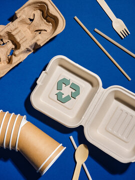 Eco-friendly disposable food containers and cutlery on a vibrant
