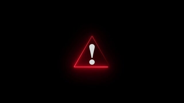 Neon red warning triangle icon animation with glowing exclamation mark on black background