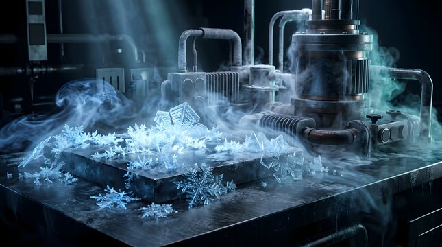 Frozen snowflakes on metallic surface in industrial laboratory setting