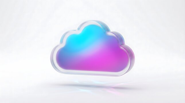 Glassmorphism 3D cloud computing icon hovering vibrantly on a white background for technology UI design