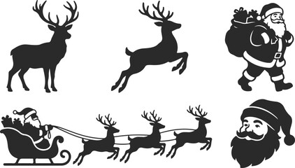 Fototapeta premium Christmas vector silhouettes set with Santa Claus, reindeer, sleigh, and festive icons isolated on white background