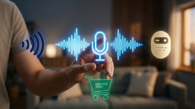 Innovative Concept of Voice Recognition AI Assistant for Online Shopping with Human Hand Interacting with Digital Holographic Interface at Home