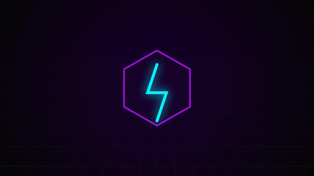 Neon lightning bolt icons with glowing hexagon frames