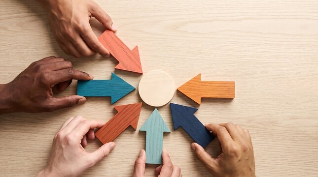 Diverse group of hands holding colorful arrows pointing center