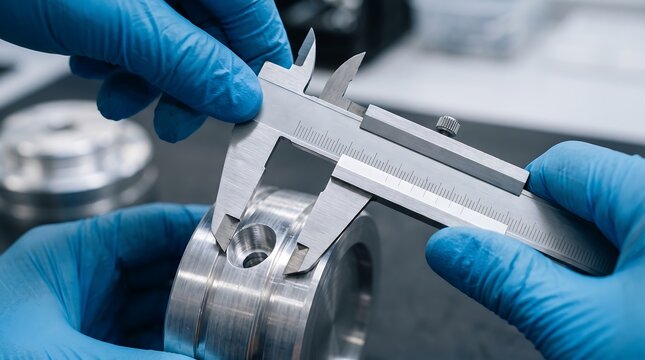 Engineer using a metal caliper to measure a machine part