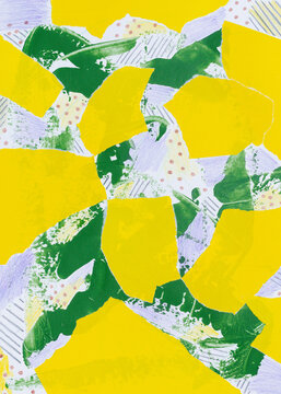 A pattern of colored paper, paint strokes, and pencil hatching